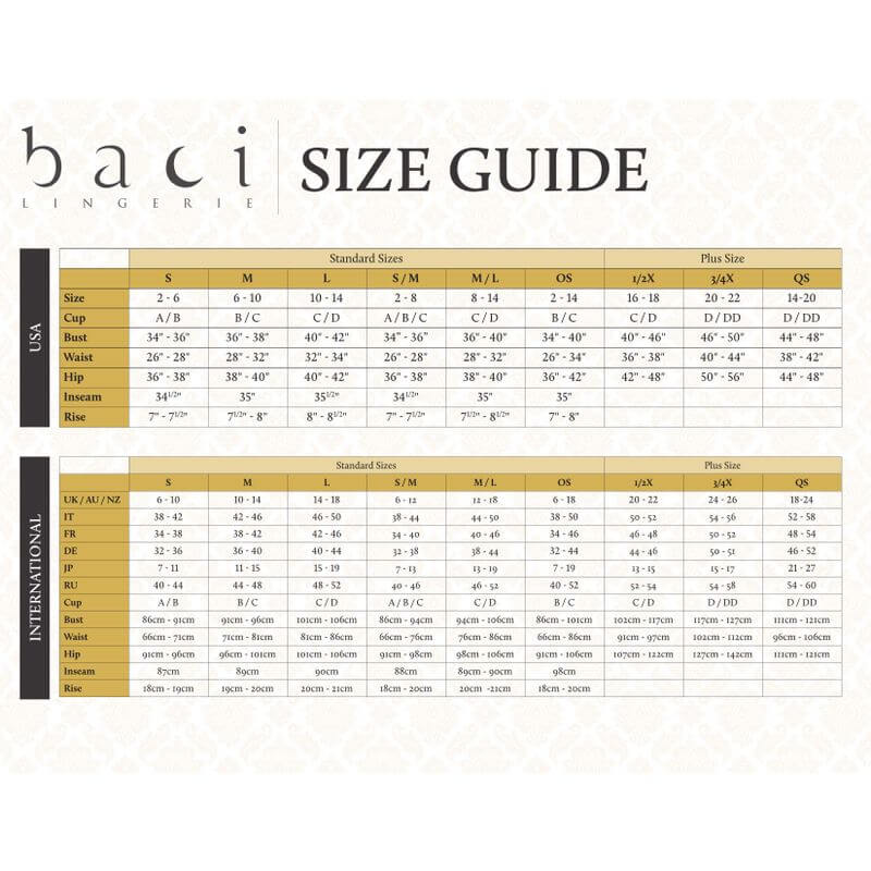 Size guide for Opaque Thigh High Stockings by Baci Lingerie with standard and plus sizes
