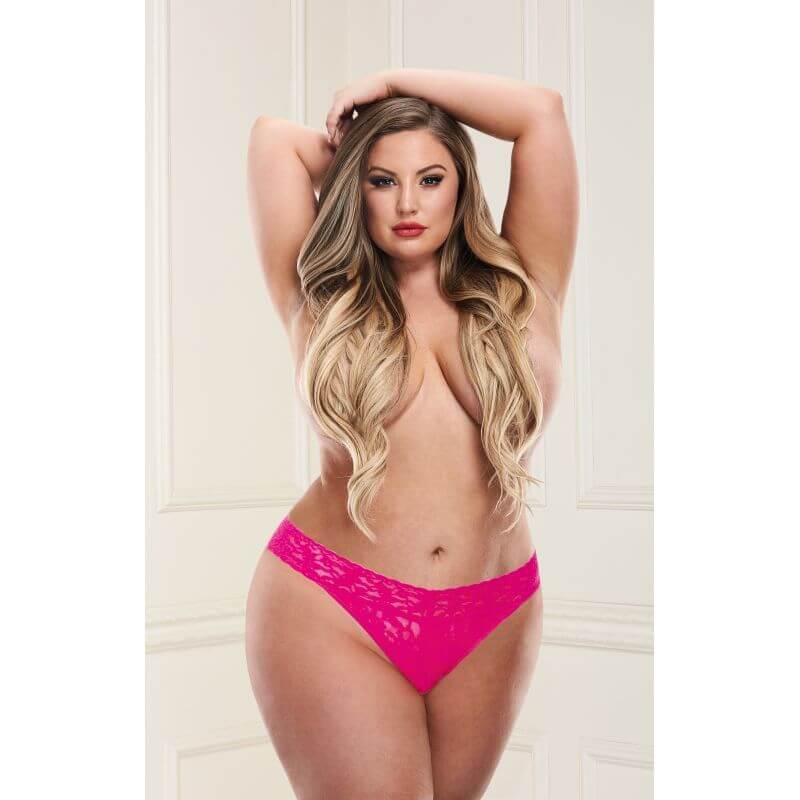 Low Rise Thong Neon Blue displayed on a model showcasing its comfort and style in a bright pink color.
