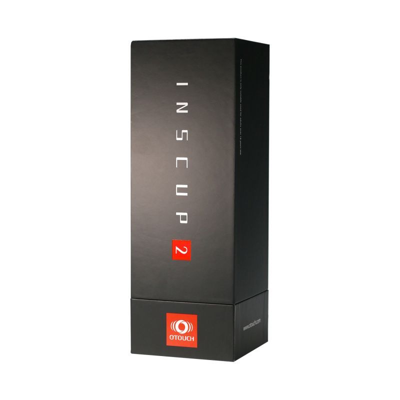 Inscup 2 packaging for contracting vibrating masturbator with sleek black design and logo.