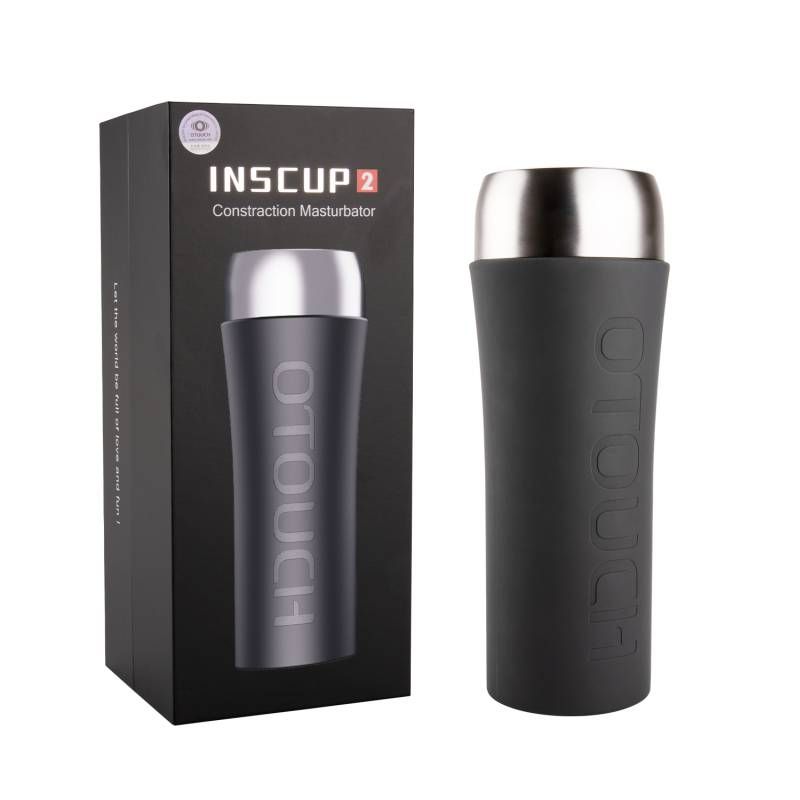 Inscup 2 Contracting Vibrating USB Masturbator in sleek black design with metallic cap and packaging