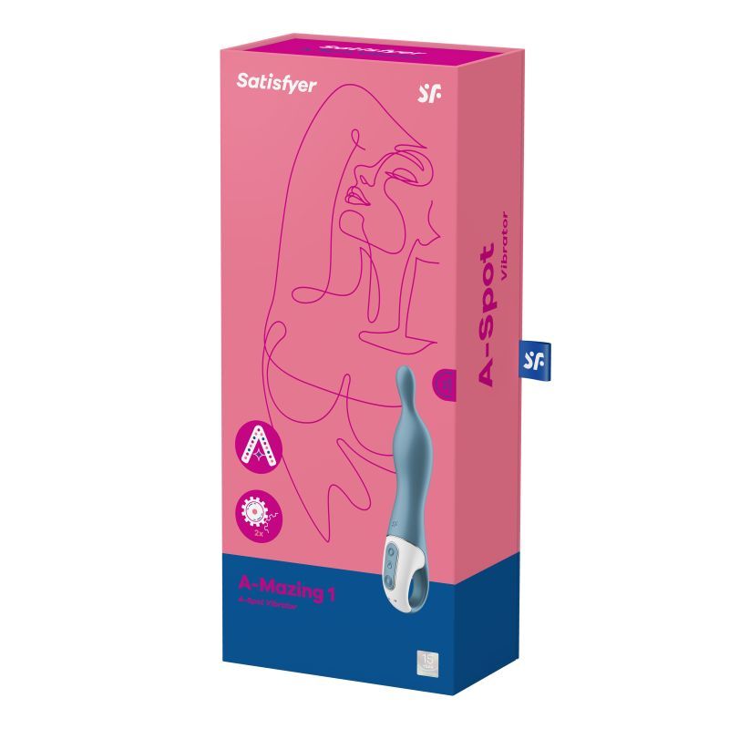 A-Mazing 1 Vibrator Blue packaging for A-spot stimulation vibrator with illustrations and product features.
