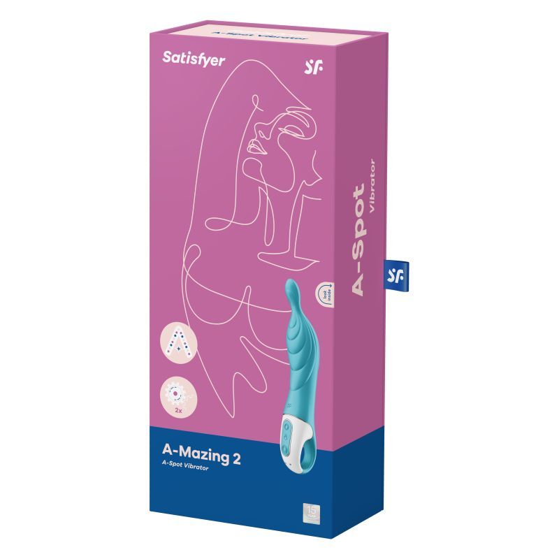 A-Mazing 2 Vibrator Turquoise packaging featuring A-spot vibrator turquoise design and details.