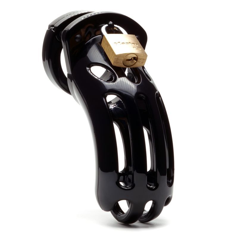 Curve chastity device for larger sizes featuring a secure lock and ventilated design in black polycarbonate.