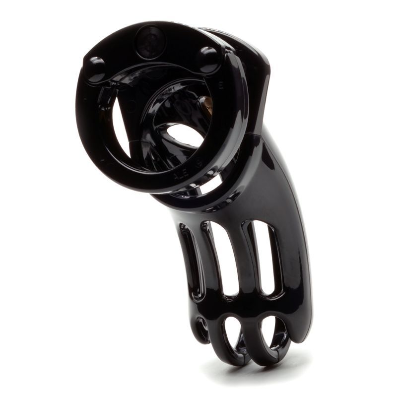 Curve chastity device for larger sizes features a sleek black design and innovative U ring for comfort and secure fit.