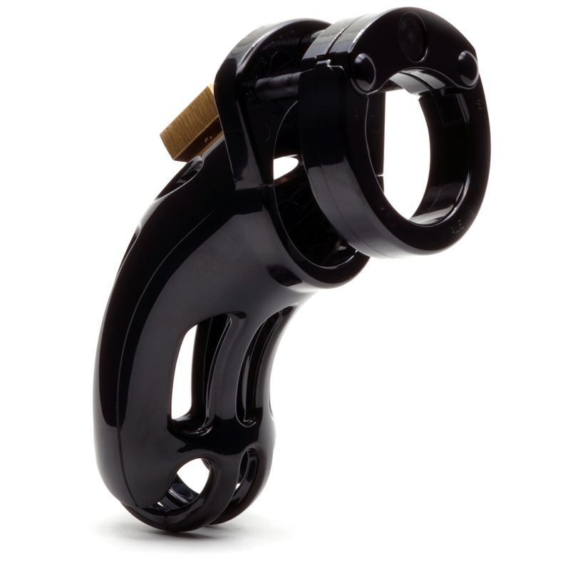 Curve chastity device for larger sizes displayed in black, featuring secure confinement and ventilated design.