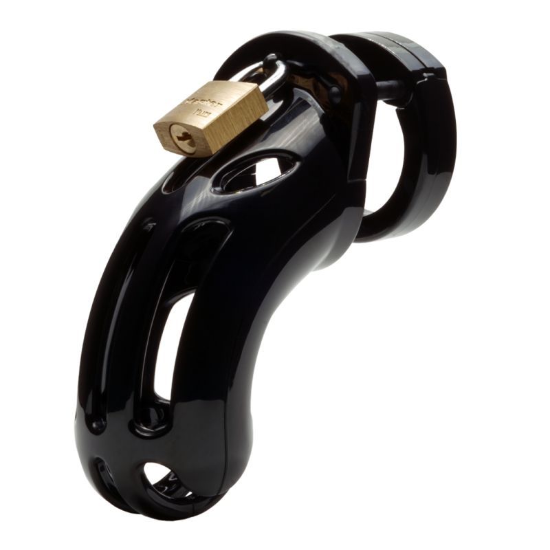Curve chastity device for larger sizes, featuring a black polycarbonate design with secure lock.