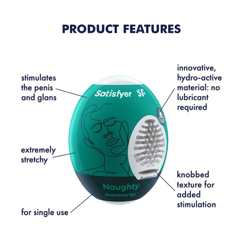 Satisfyer Masturbator Egg Naughty features innovative hydro-active material, stimulates penis and glans, and is extremely stretchy.
