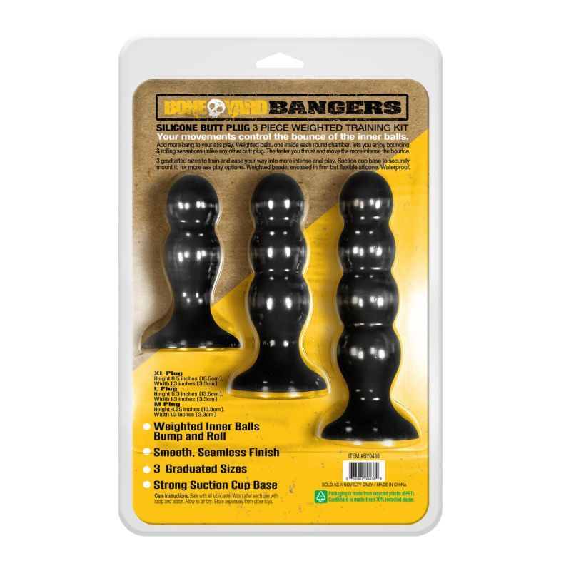 Bangers Silicone Ass Training Kit 3 Pc, featuring weighted inner balls for enhanced enjoyment. Silicone anal training kit for adults.