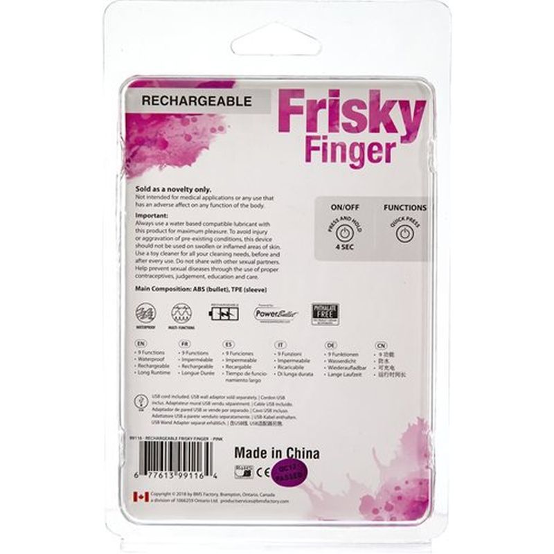 Rechargeable Frisky Finger packaging, showcasing features of the rechargeable finger vibrator for pleasure.