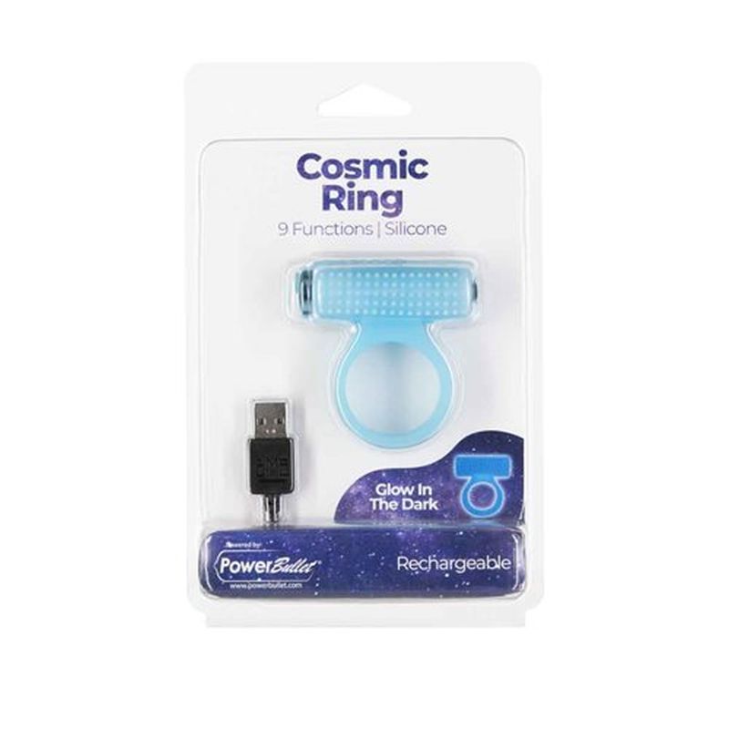 Power Bullet Cosmic Cock Ring packaging featuring glow in the dark cock ring, USB charger and features.