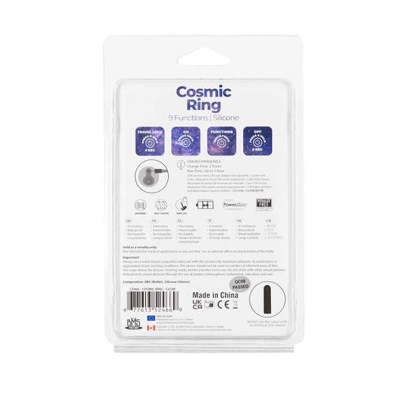 Power Bullet Cosmic Cock Ring packaging with 9 functions, featuring glow in the dark cock ring details.