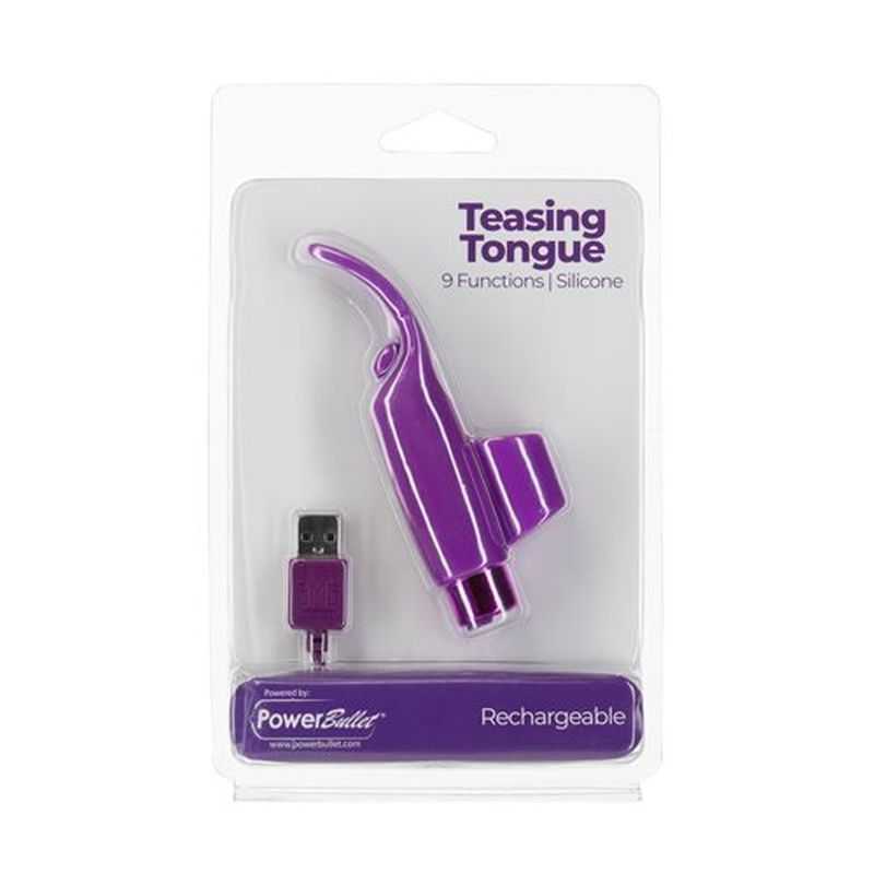 Power Bullet rechargeable teasing tongue vibrator in packaging with USB for charging and 9 function settings.