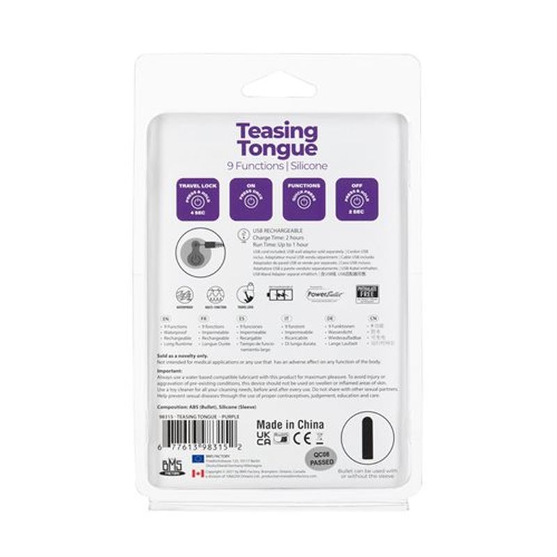 Power Bullet Teasing Tongue packaging details and features for rechargeable teasing tongue vibrator.