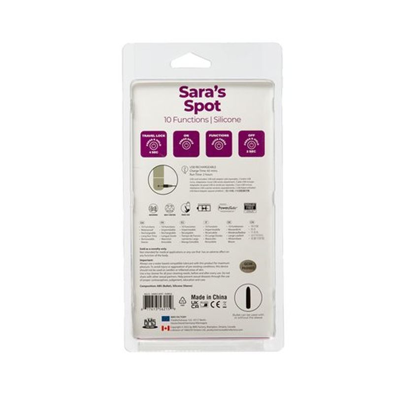 Packaging of Sara’s Spot G-spot vibrator with removable silicone sleeve, featuring 10 functions and product details.