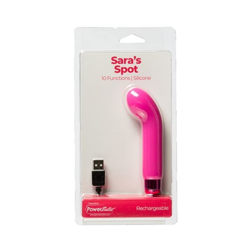 G-spot vibrator Sara's Spot Pink packaging showing 10 functions and rechargeable design.