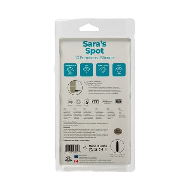 Power Bullet Sara's Spot packaging showing product details and features of G-spot vibrator teal.