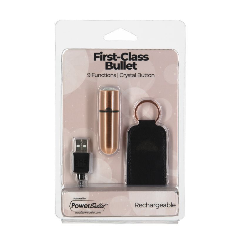 Rechargeable rose gold bullet vibrator with USB charger and crystal button in packaging.