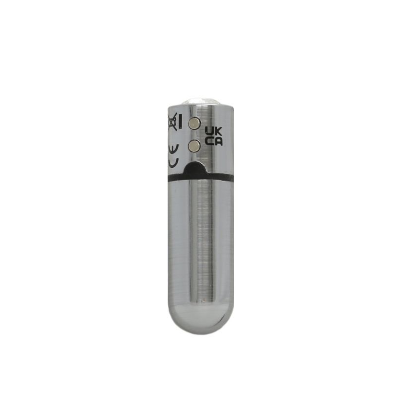Rechargeable power bullet vibrator with a sleek silver design and easy-to-use control buttons.