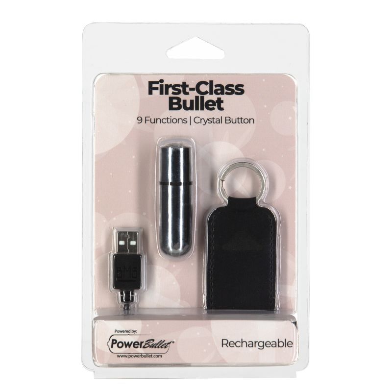 Rechargeable power bullet vibrator packaged with USB charger and crystal button for enhanced pleasure.