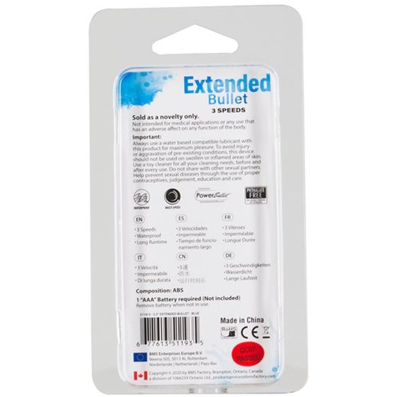 Product packaging for Power Bullet Extended 9cm 3 speed bullet vibrator with usage instructions.