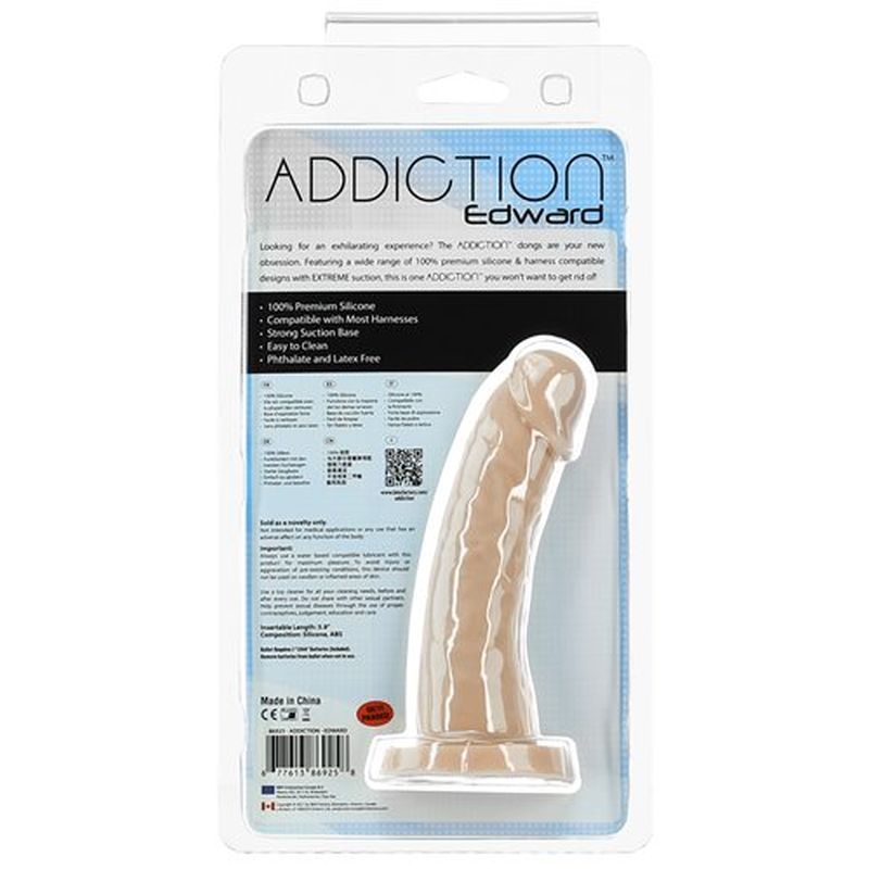 Addiction Edward 6 inch realistic dildo in packaging, showcasing realistic texture and strong suction base.
