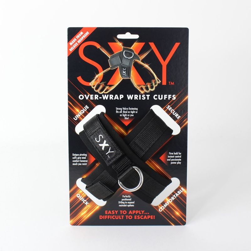 SXY Cuffs packaging featuring deluxe neoprene cross cuffs for bondage play and secure restraint options.
