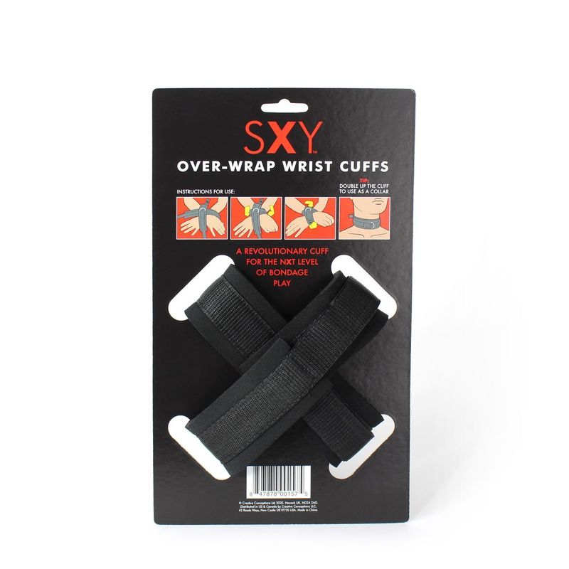 SXY Deluxe Neoprene Cross Cuffs packaging showcasing unique design for bondage play.