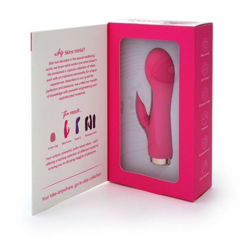 Skins Minis - The Bijou Bunny, a mini vibrating bunny toy, in a stylish package showcasing its features.