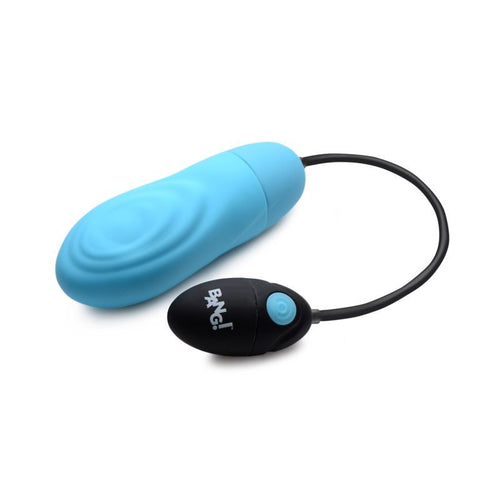 Rechargeable pulsing bullet vibrator in blue silicone with remote control and retrieval cord.