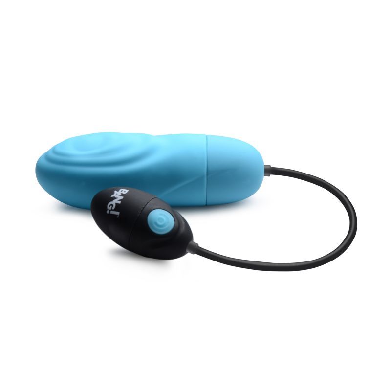 Rechargeable pulsing bullet vibrator in blue with remote control and retrieval cord for enhanced stimulation.