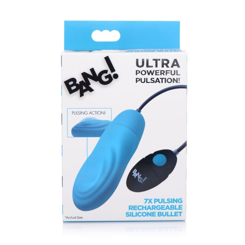 7X Pulsing Rechargeable Bullet Blue packaging with silicone material and remote control for rechargeable pulsing bullet vibrator.