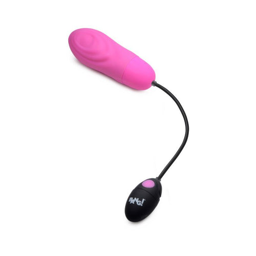 7X pulsing rechargeable bullet vibrator in pink with retrieval cord and remote control for G Spot stimulation.