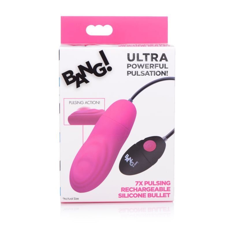 7X Pulsing Rechargeable Bullet Pink packaging showcasing premium silicone and remote control for the rechargeable bullet vibrator.