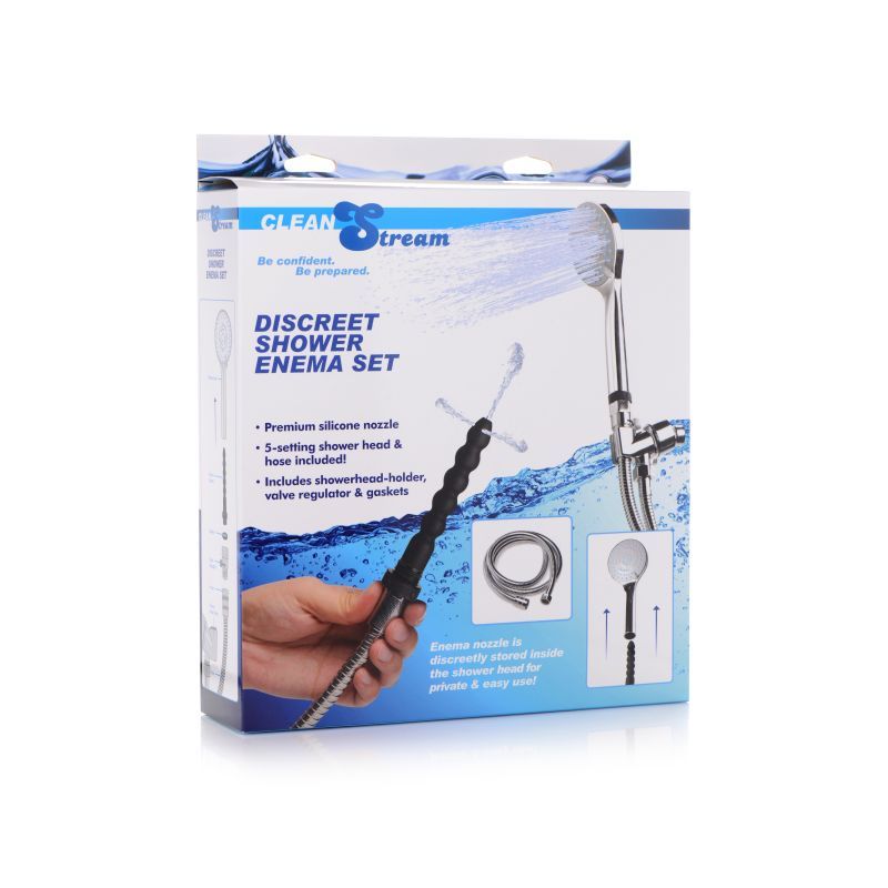 Discreet Shower Enema Set featuring premium silicone nozzle and 5-setting shower head for easy cleaning.