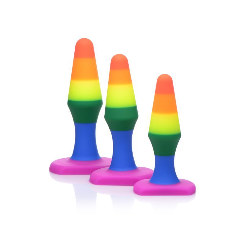 Rainbow Ready anal trainer set featuring three graduated silicone plugs in vibrant colors.