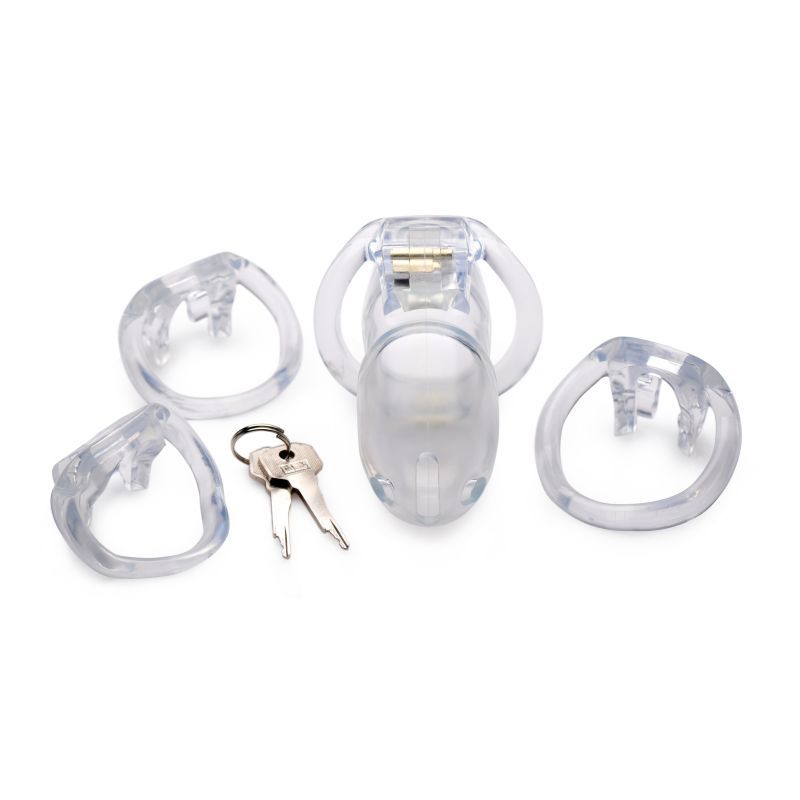 Clear Captor Chastity Cage Large with four ball rings and key for secure confinement.