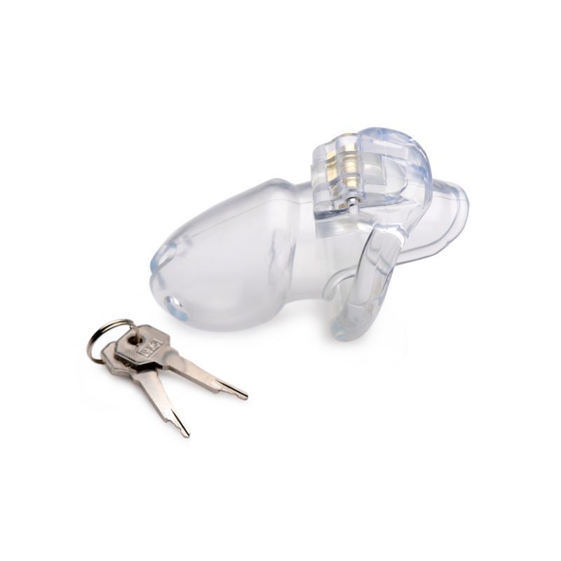 Clear Captor Chastity Cage Large with keys, transparent design for confinement and control.