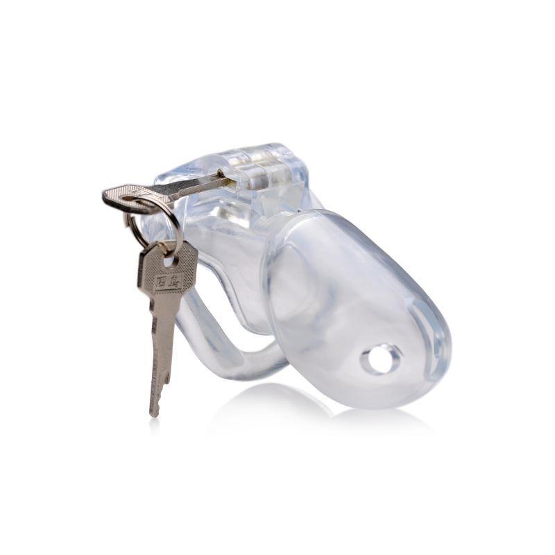 Clear Captor Chastity Cage Large with key, showcasing a transparent design and locking mechanism for security.