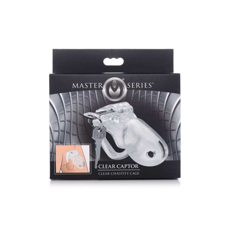 Clear Captor Chastity Cage Large packaging, featuring a clear chastity cage for locking and confinement.