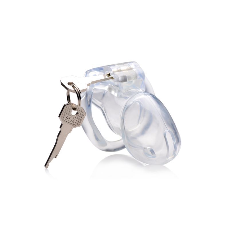 Clear Captor Chastity Cage Medium with key, clear chastity cage for secure confinement and ventilation.
