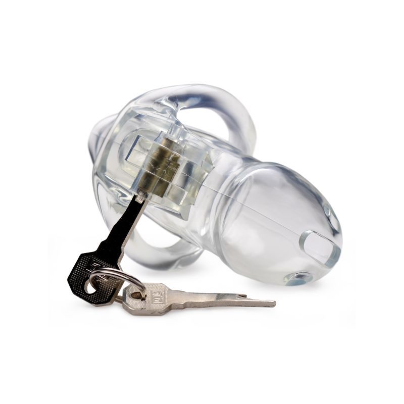 Clear Captor Chastity Cage Small with keys, designed for comfort and visibility, ideal for bondage play.