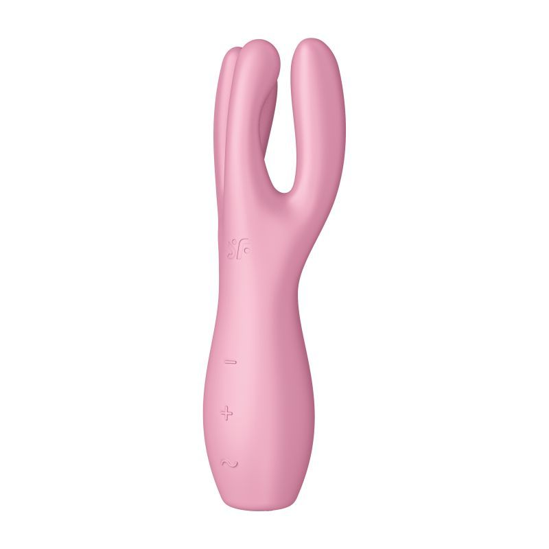 Satisfyer Threesome 3 lay-on vibrator for clitoral stimulation in pink color, featuring flexible arms and multiple vibration modes.