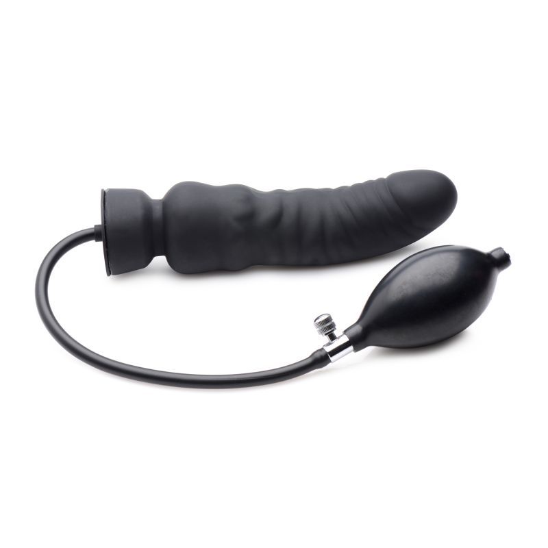 Dick Spand Inflatable Silicone Dildo Black with attached pump for customizable size, crafted in smooth black silicone.