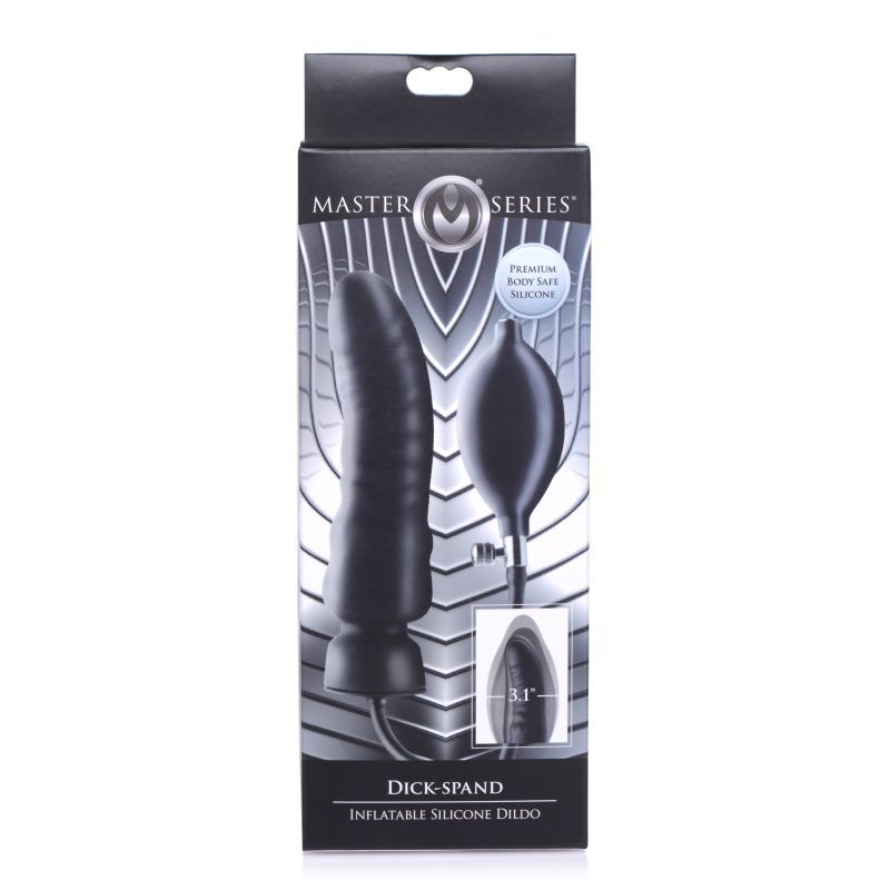 Dick Spand Inflatable Silicone Dildo Black packaging, featuring a bulb pump and sleek design for customizable pleasure.