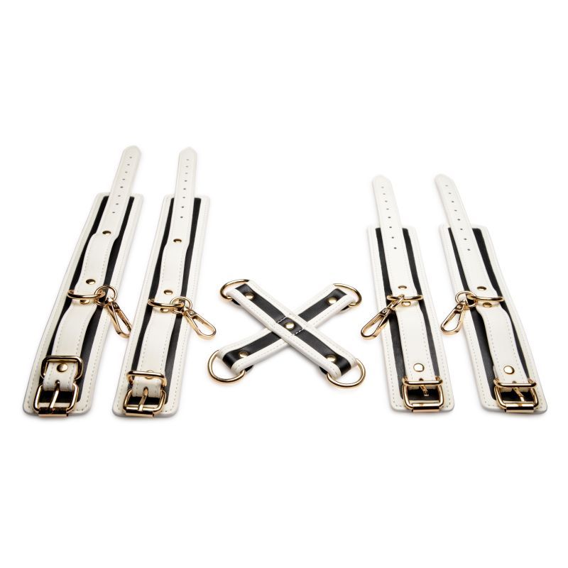 Kink In the Dark glowing hog tie bondage set with white PU leather and golden metal hardware for bedroom fun