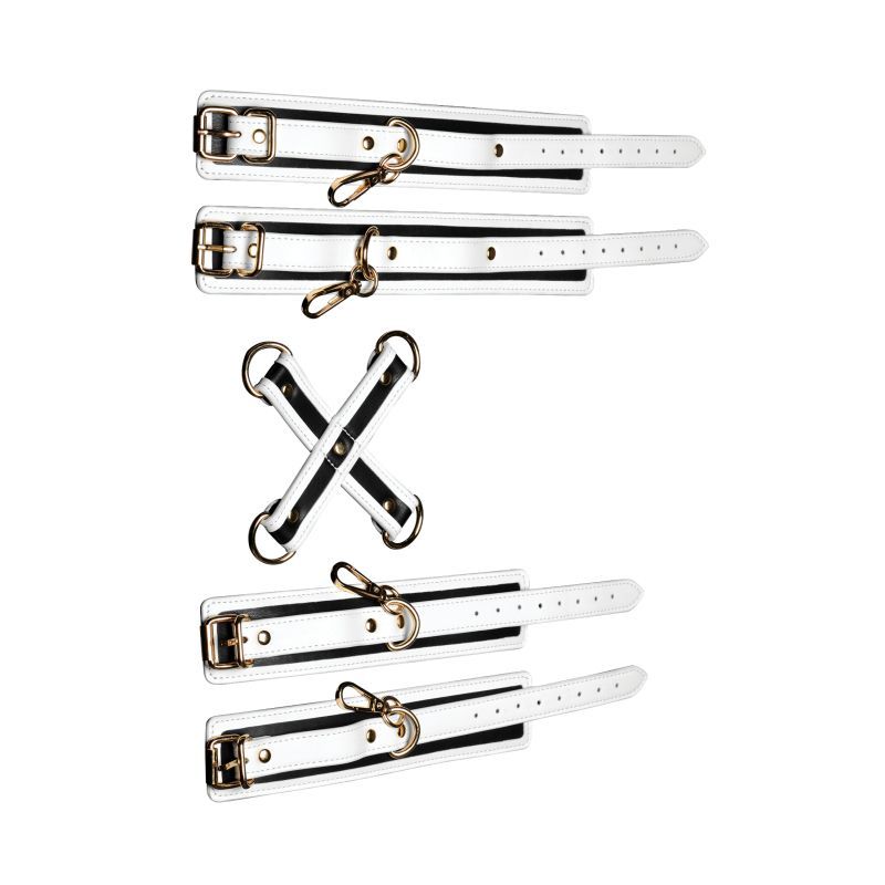 glowing hog tie bondage set featuring white PU leather cuffs and golden metal hardware for bondage fun.