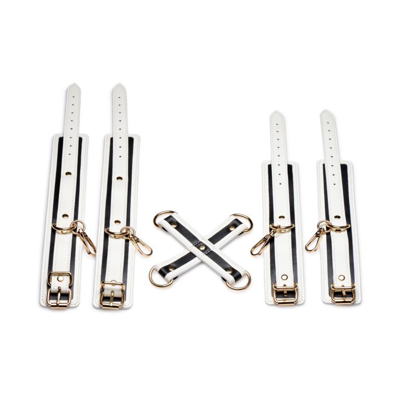 glowing hog tie bondage set featuring adjustable white PU leather cuffs with golden metal hardware