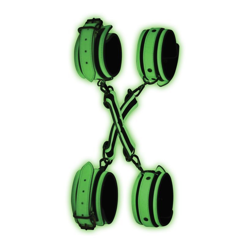 Kink In the Dark Glowing Hog Tie Set Fluro Green displayed with glowing cuffs and adjustable D-Rings for bondage fun.