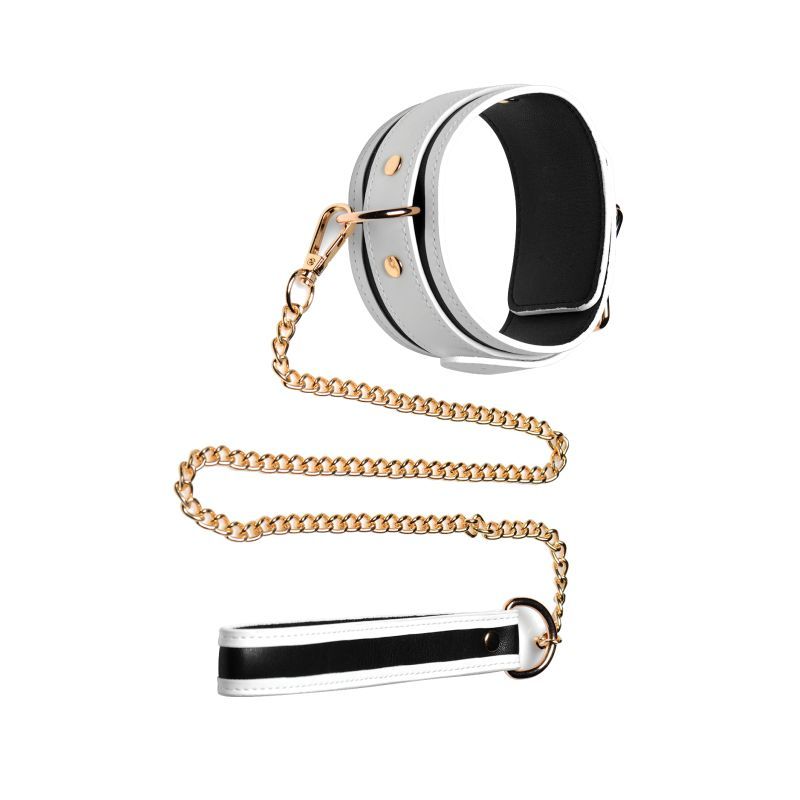 Kink in the Dark glowing collar and lead set in white and gold metal hardware, perfect for light bondage activities.