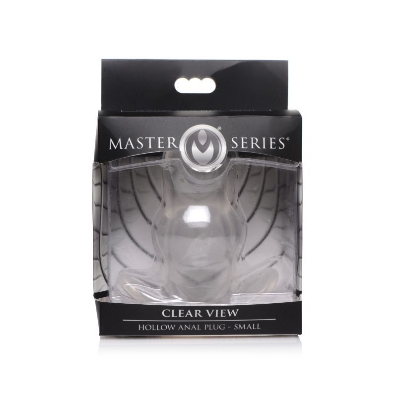 Clear View Hollow Anal Plug Small in packaging showcasing its features and design for anal play.